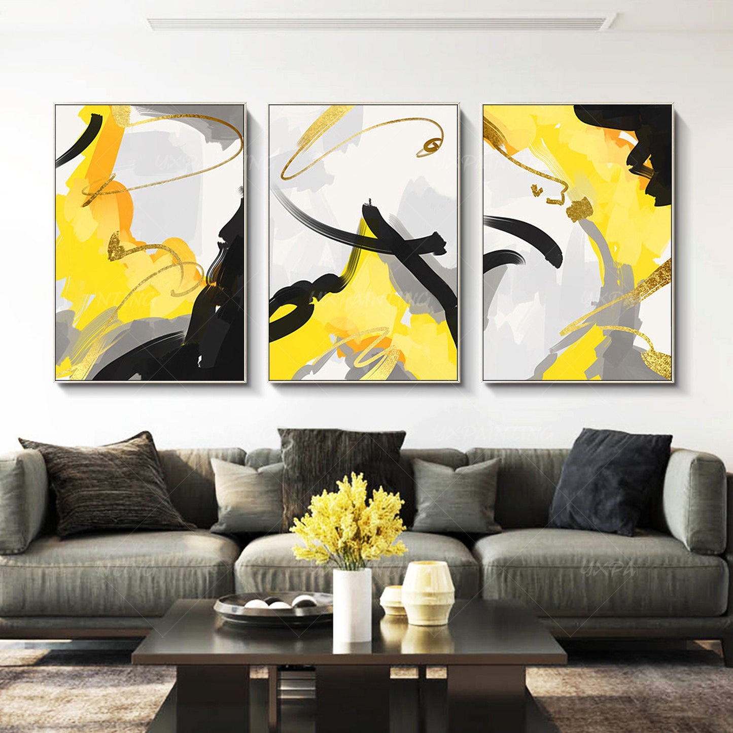 Gray Yellow Gold Leaf Abstract Painting Set of 3 Wall Art Original Paintings On  #5