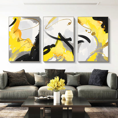 Gray Yellow Gold Leaf Abstract Painting Set of 3 Wall Art Original Paintings On  #5