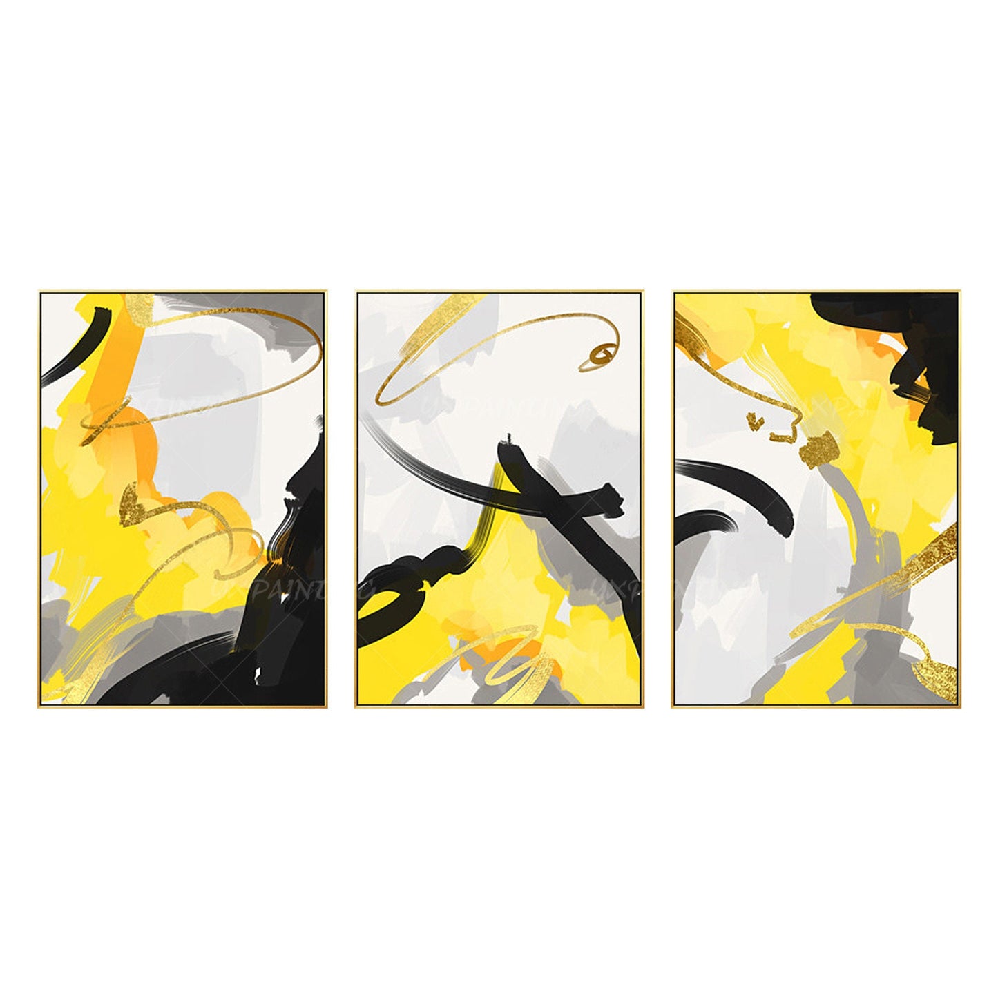 Gray Yellow Gold Leaf Abstract Painting Set of 3 Wall Art Original Paintings On  #6