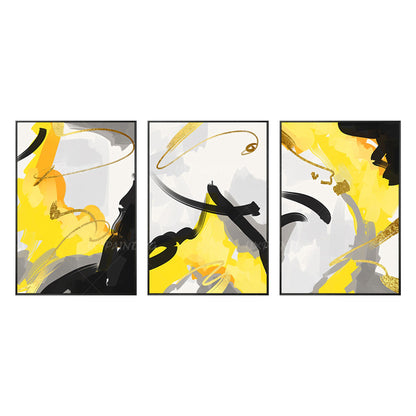 Gray Yellow Gold Leaf Abstract Painting Set of 3 Wall Art Original Paintings On  #8