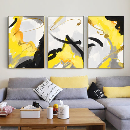 Gray Yellow Gold Leaf Abstract Painting Set of 3 Wall Art Original Paintings On  #1