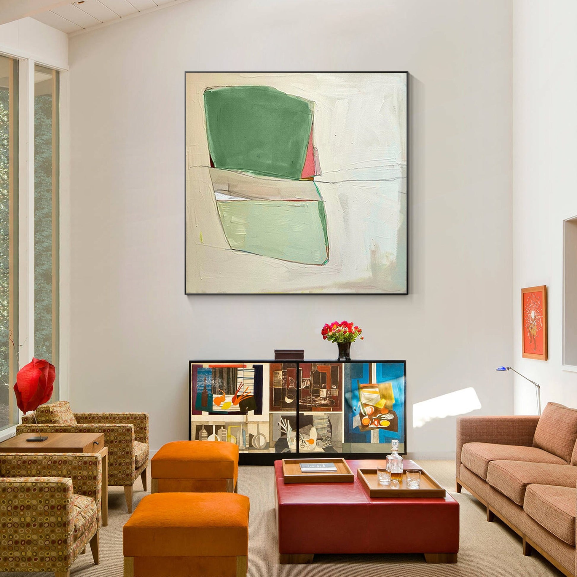 Green Abstract Painting Minimalist Painting On Canvas, Square Wall Art Decor, Li #2