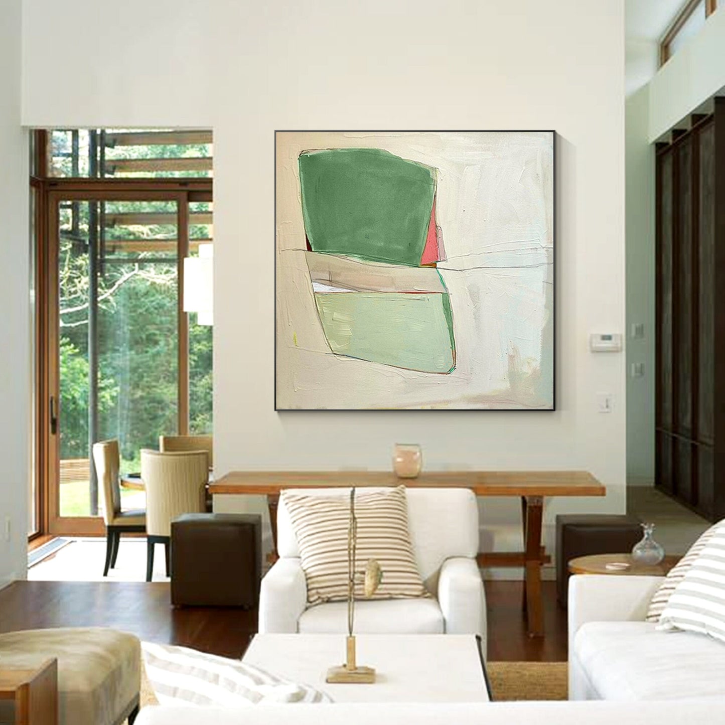 Green Abstract Painting Minimalist Painting On Canvas, Square Wall Art Decor, Li #3