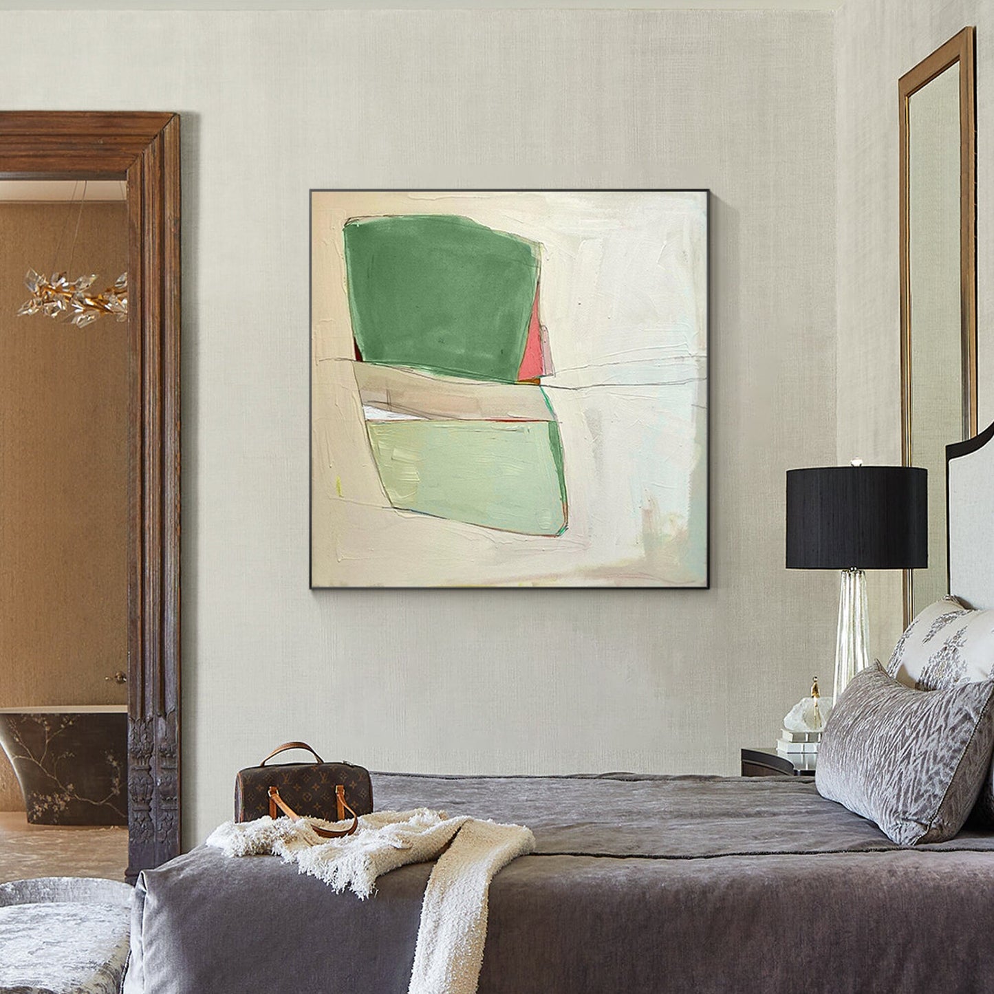 Green Abstract Painting Minimalist Painting On Canvas, Square Wall Art Decor, Li #5