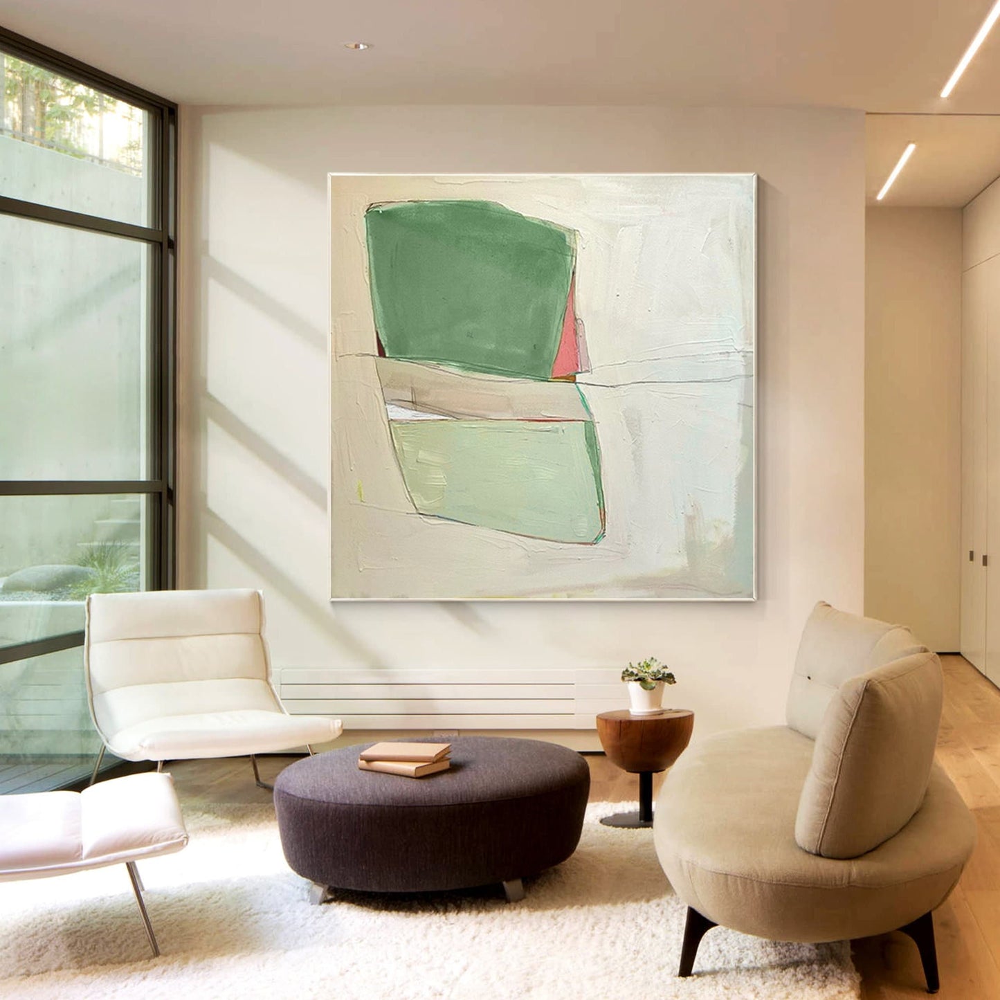 Green Abstract Painting Minimalist Painting On Canvas, Square Wall Art Decor, Li #1