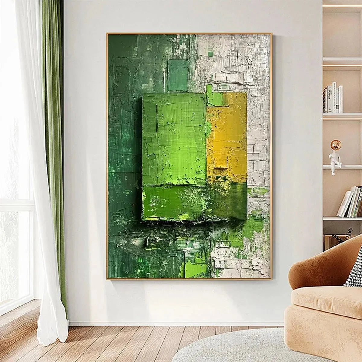 GREEN AND YELLOW TEXTURED BLOCKS: Impasto Abstract Painting, Vertical Wall Art | Abstract closeup, raised brushwork detail