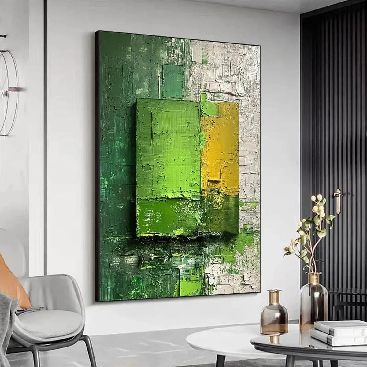 GREEN AND YELLOW TEXTURED BLOCKS: Impasto Abstract Painting, Vertical Wall Art | rectangular format, hand-painted canvas edge