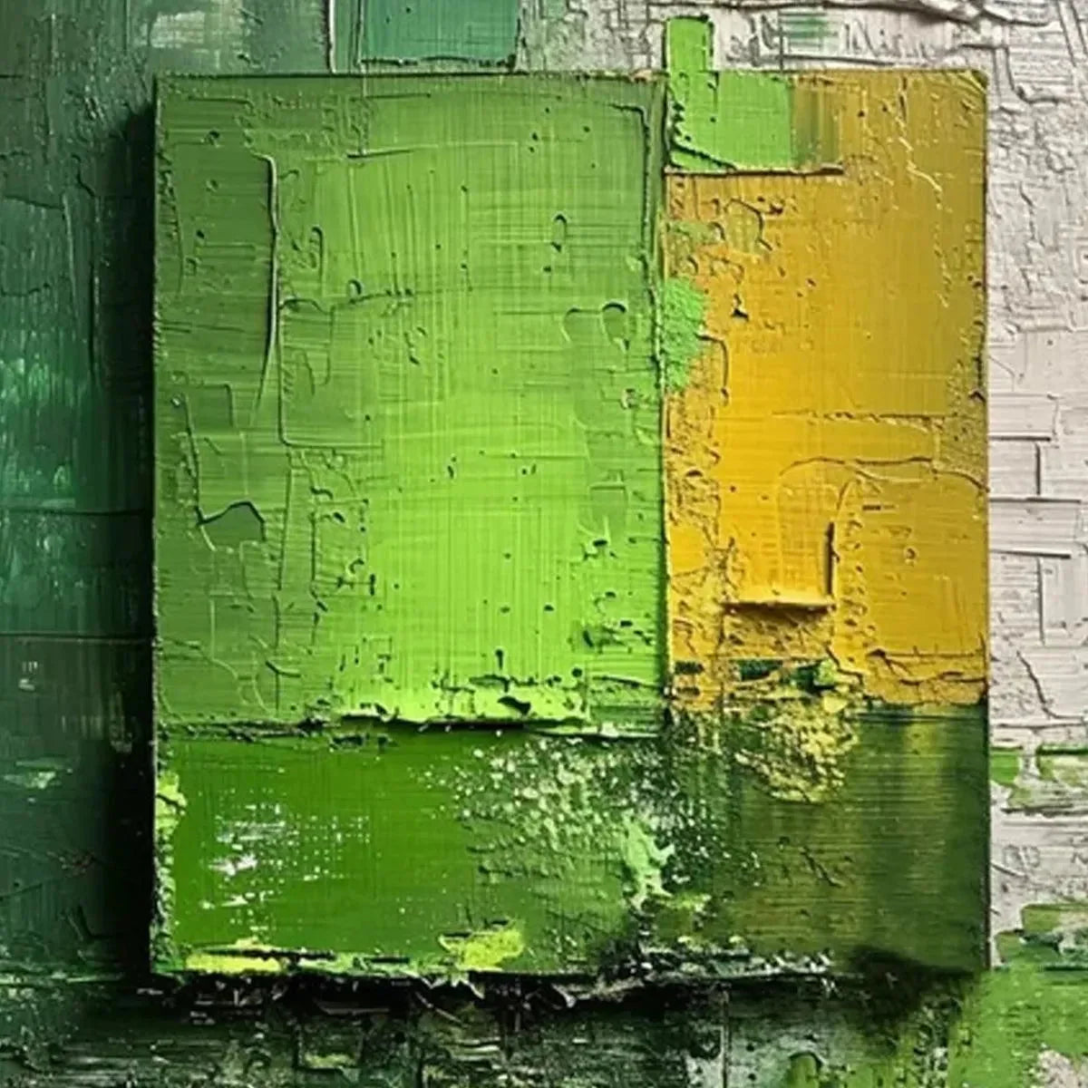 GREEN AND YELLOW TEXTURED BLOCKS: Impasto Abstract Painting, Vertical Wall Art | gold frame stretched on neutral wall