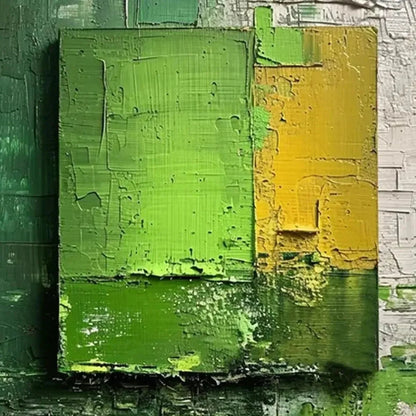 GREEN AND YELLOW TEXTURED BLOCKS: Impasto Abstract Painting, Vertical Wall Art | gold frame stretched on neutral wall