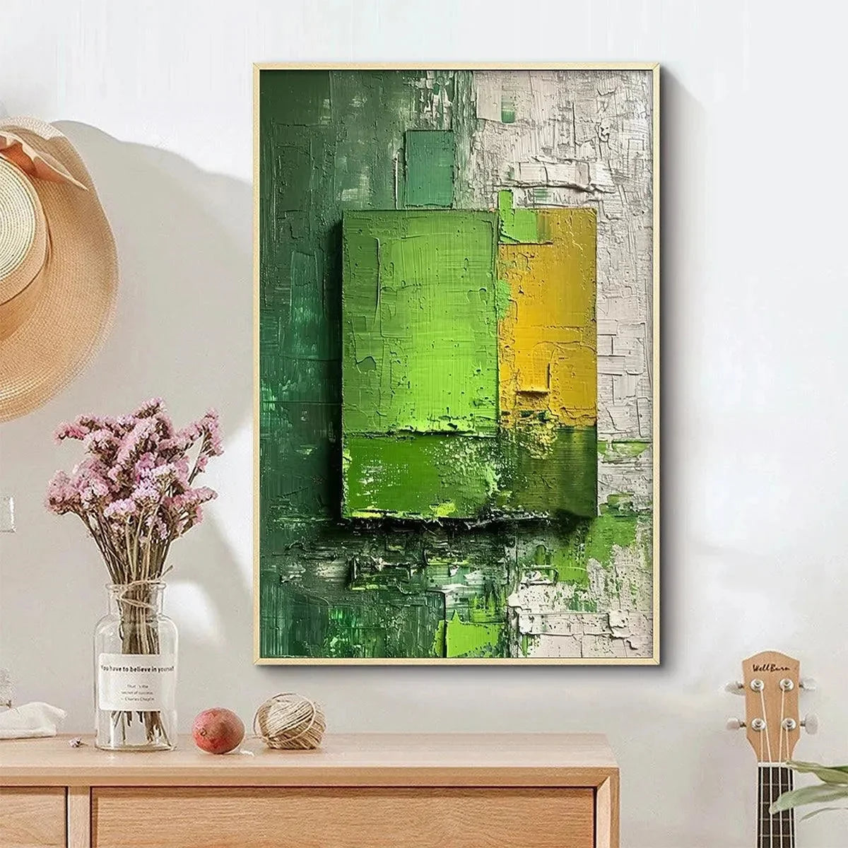 GREEN AND YELLOW TEXTURED BLOCKS: Impasto Abstract Painting, Vertical Wall Art | rolled canvas, ready for custom framing