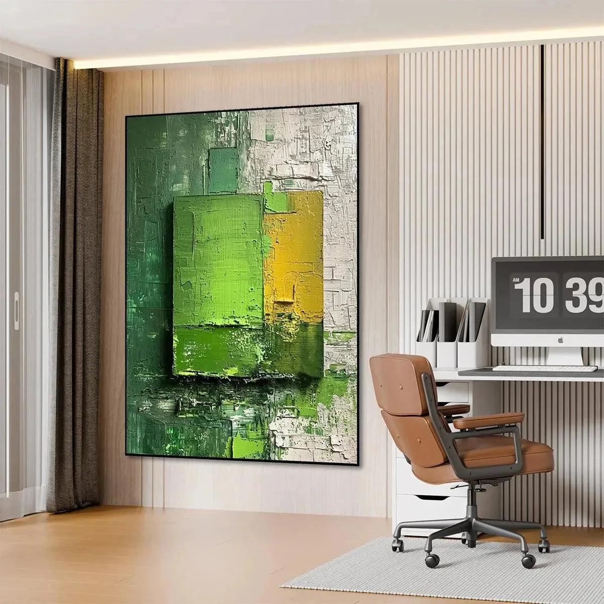 GREEN AND YELLOW TEXTURED BLOCKS: Impasto Abstract Painting, Vertical Wall Art | black frame version on white wall