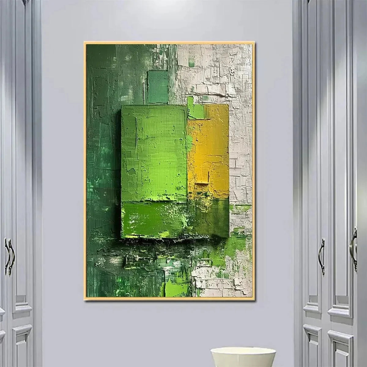 GREEN AND YELLOW TEXTURED BLOCKS: Impasto Abstract Painting, Vertical Wall Art | Abstract mood, soft natural light studio shot