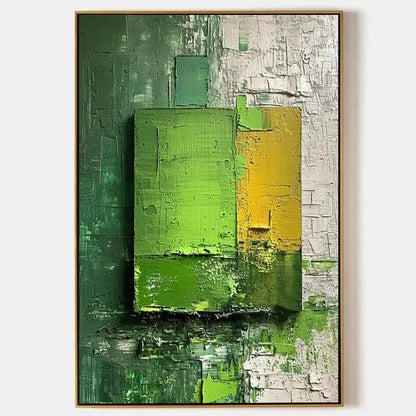 GREEN AND YELLOW TEXTURED BLOCKS: Impasto Abstract Painting, Vertical Wall Art | hanging in living room, Abstract wall art