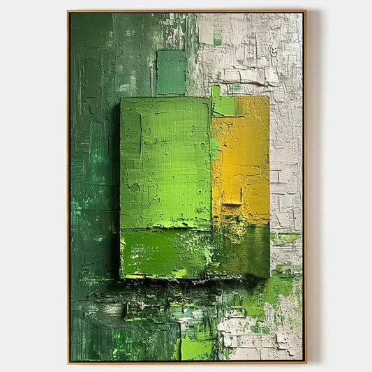 GREEN AND YELLOW TEXTURED BLOCKS: Impasto Abstract Painting, Vertical Wall Art | hanging in living room, Abstract wall art