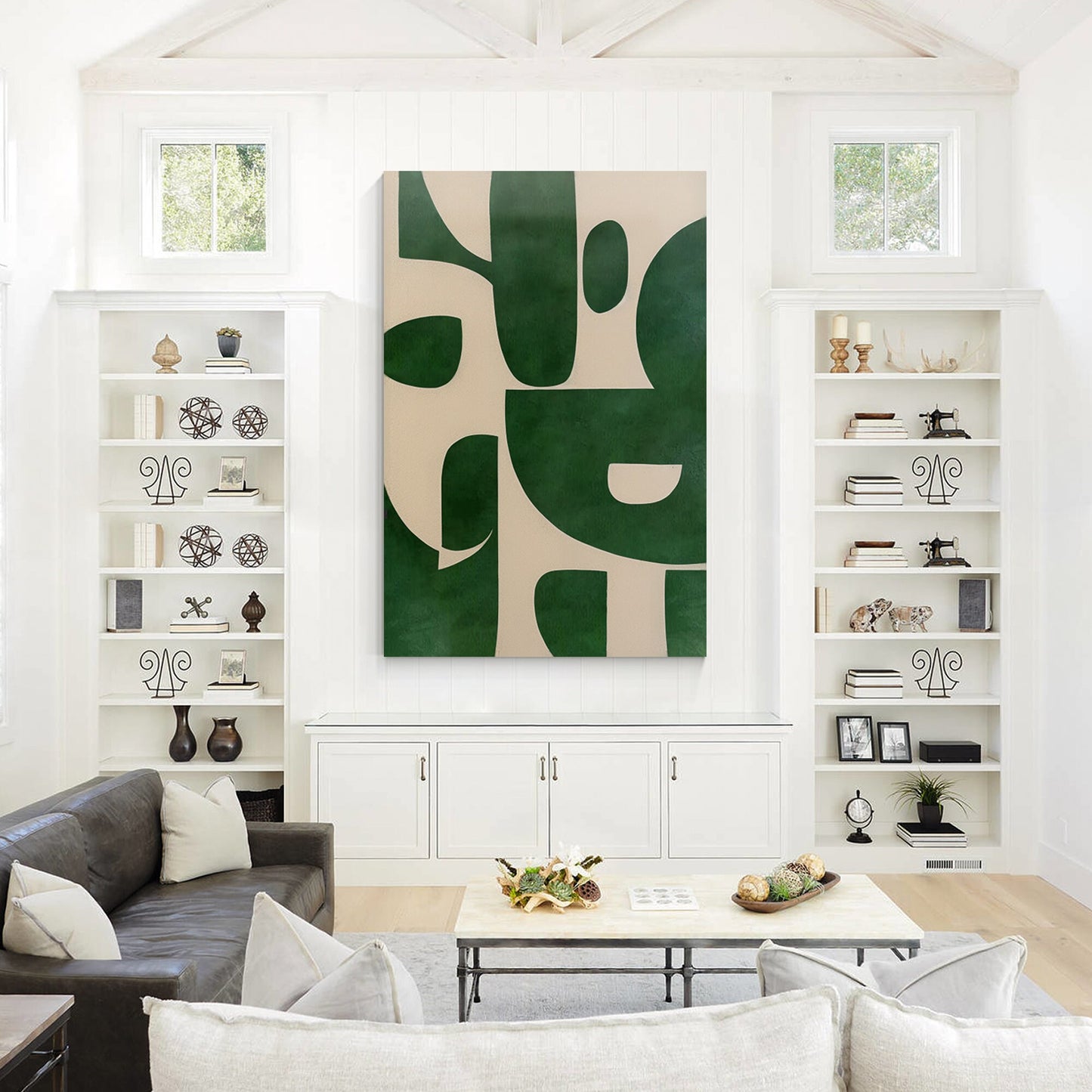 Green Beige Abstract Painting: Minimalist Modern Canvas Wall Art #4