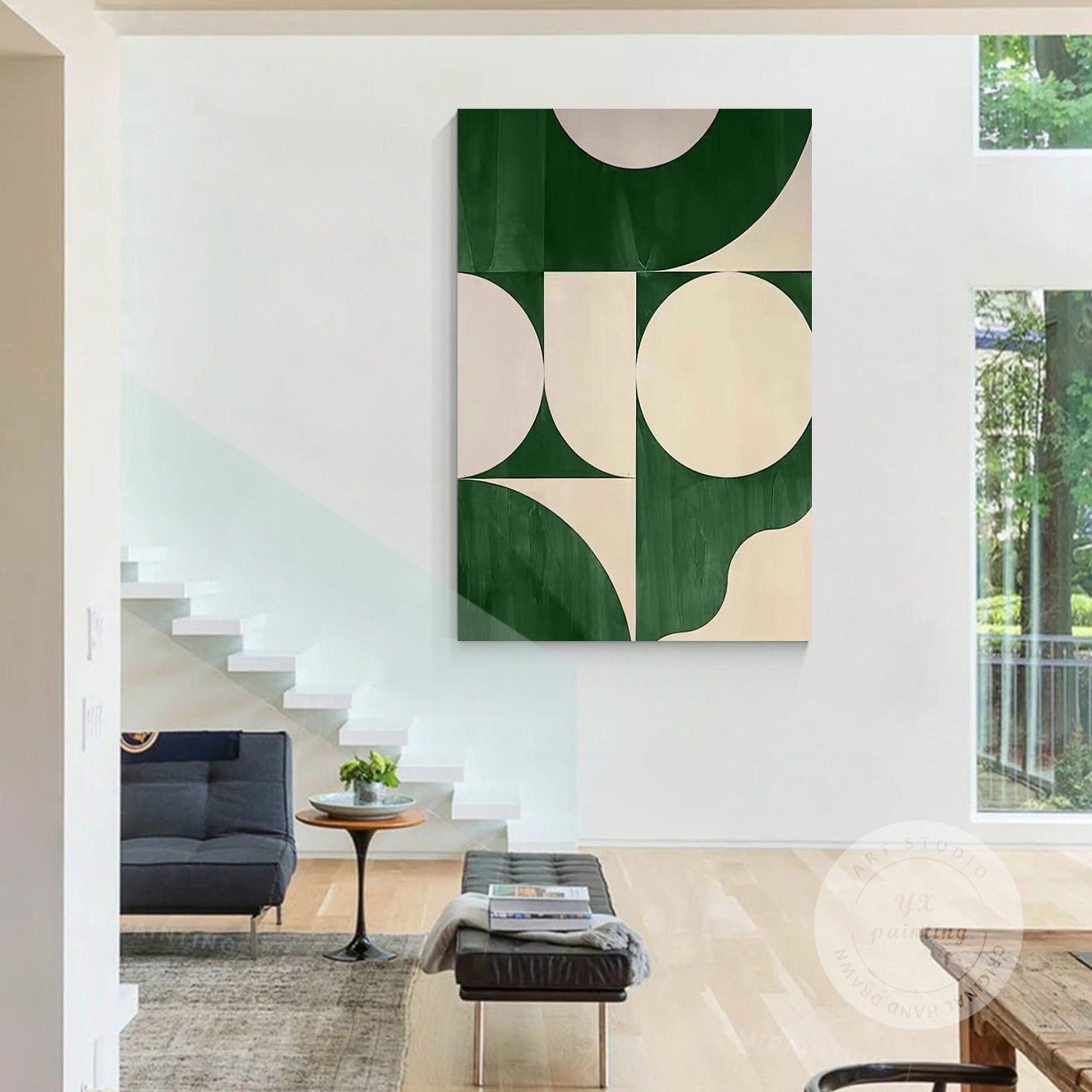 Green Beige Geometric Painting on Canvas: Minimalist Abstract Wall Art #2