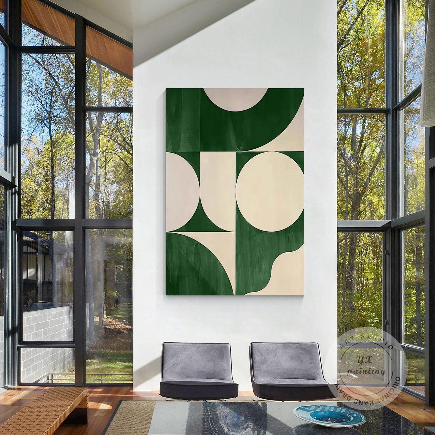 Green Beige Geometric Painting on Canvas: Minimalist Abstract Wall Art #3