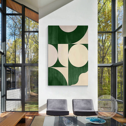 Green Beige Geometric Painting on Canvas: Minimalist Abstract Wall Art #3