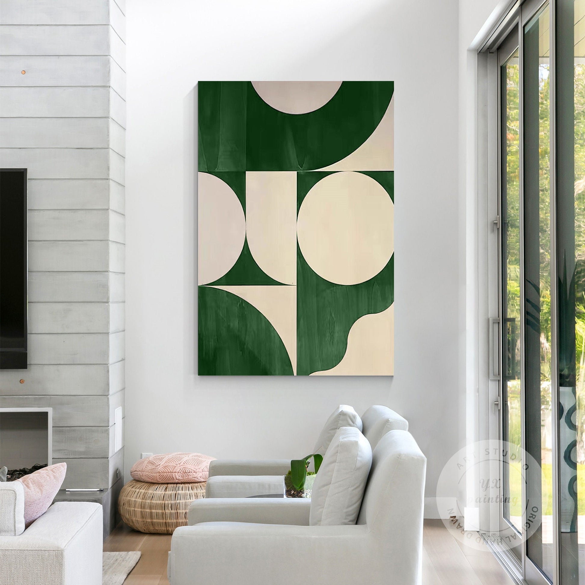 Green Beige Geometric Painting on Canvas: Minimalist Abstract Wall Art #5