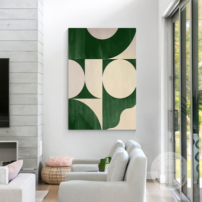 Green Beige Geometric Painting on Canvas: Minimalist Abstract Wall Art #5