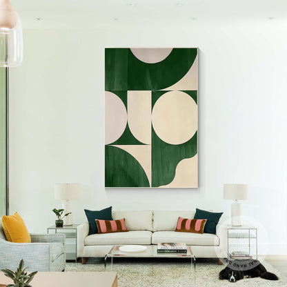 Green Beige Geometric Painting on Canvas: Minimalist Abstract Wall Art #1