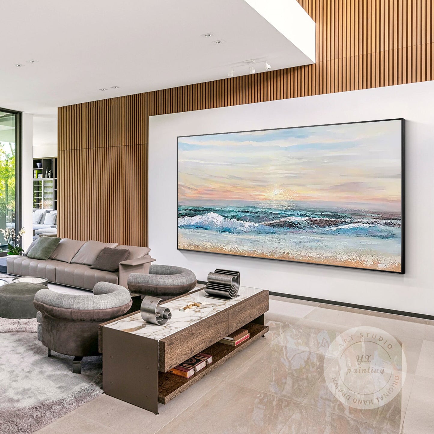 Green Blue Ocean Landscape Original Painting Canvas, Seascape Painting Horizonta #3