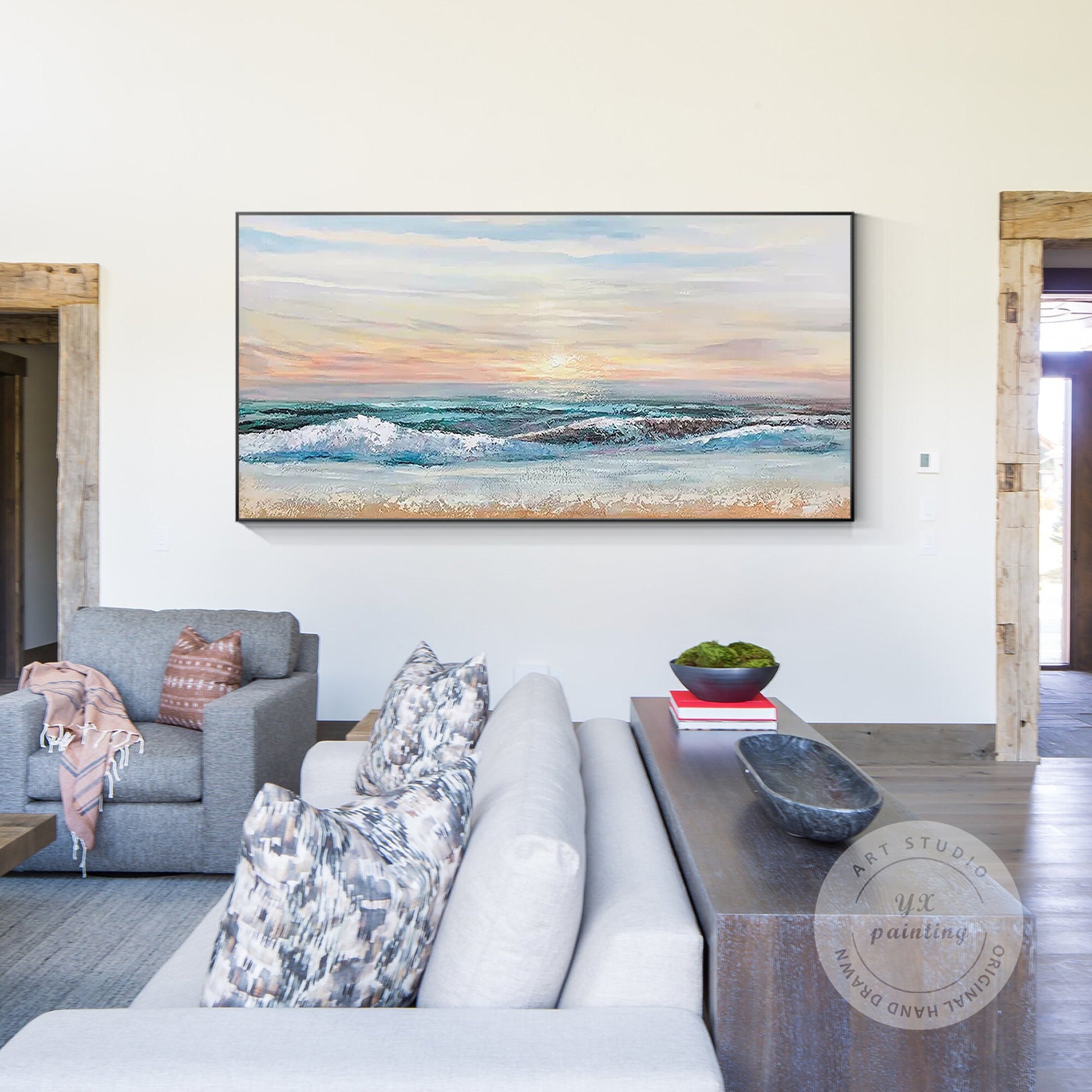 Green Blue Ocean Landscape Original Painting Canvas, Seascape Painting Horizonta #4