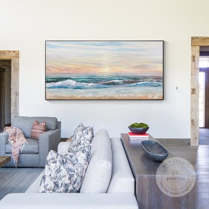 Green Blue Ocean Landscape Original Painting Canvas, Seascape Painting Horizonta #4