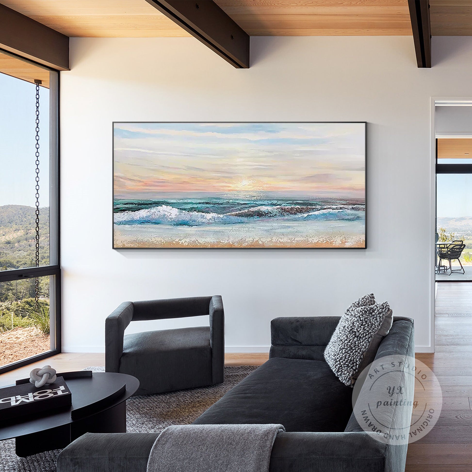 Green Blue Ocean Landscape Original Painting Canvas, Seascape Painting Horizonta #5