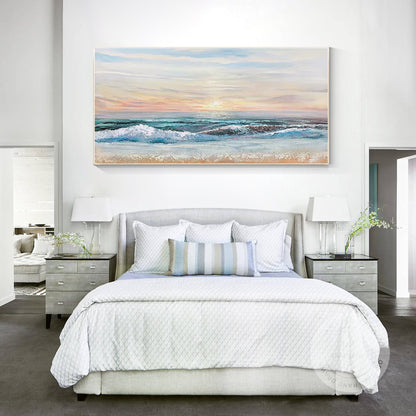 Green Blue Ocean Landscape Original Painting Canvas, Seascape Painting Horizonta #6