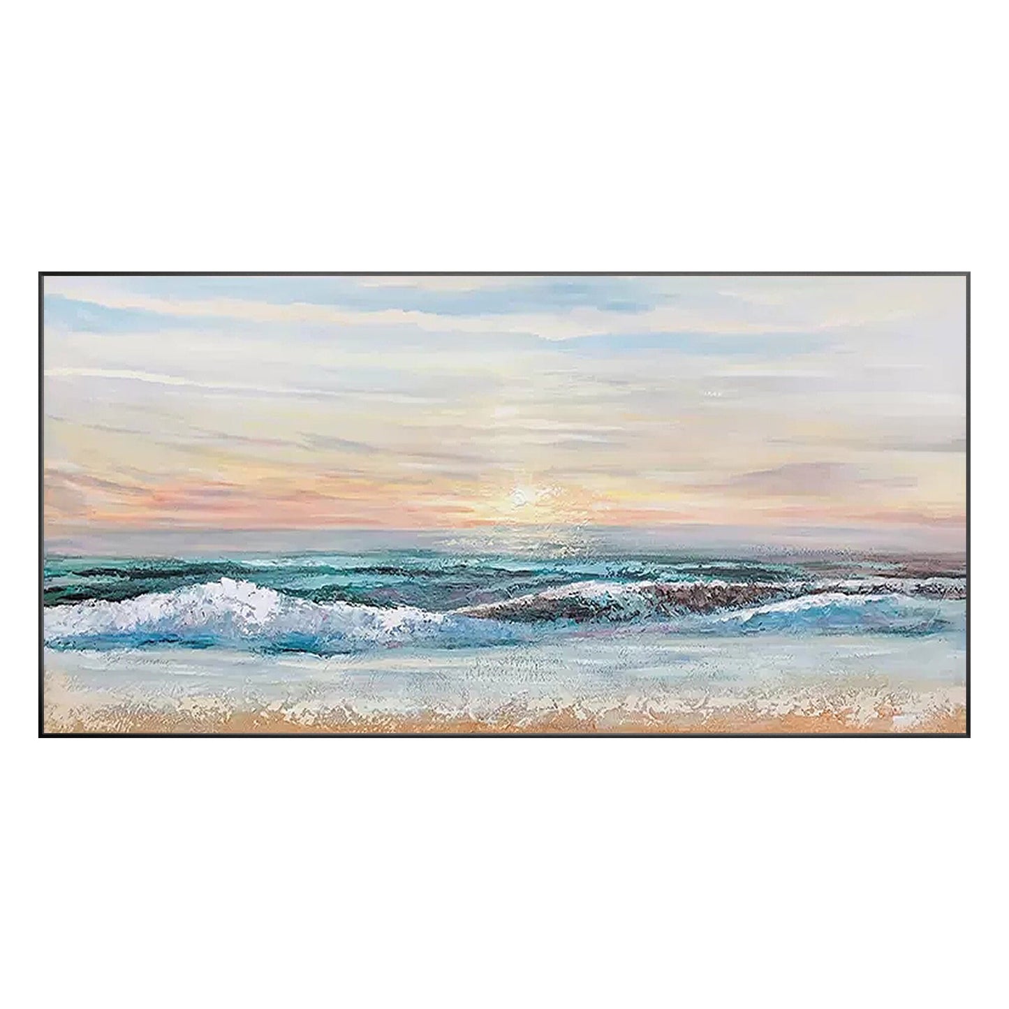 Green Blue Ocean Landscape Original Painting Canvas, Seascape Painting Horizonta #10