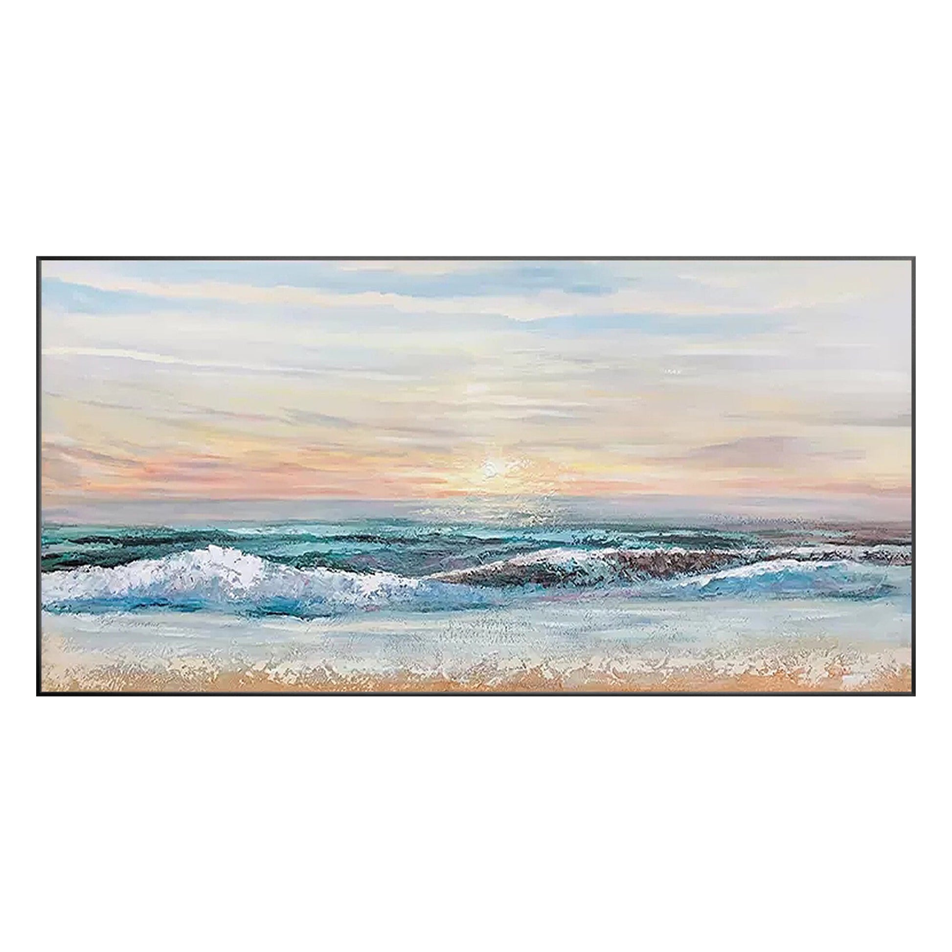 Green Blue Ocean Landscape Original Painting Canvas, Seascape Painting Horizonta #10