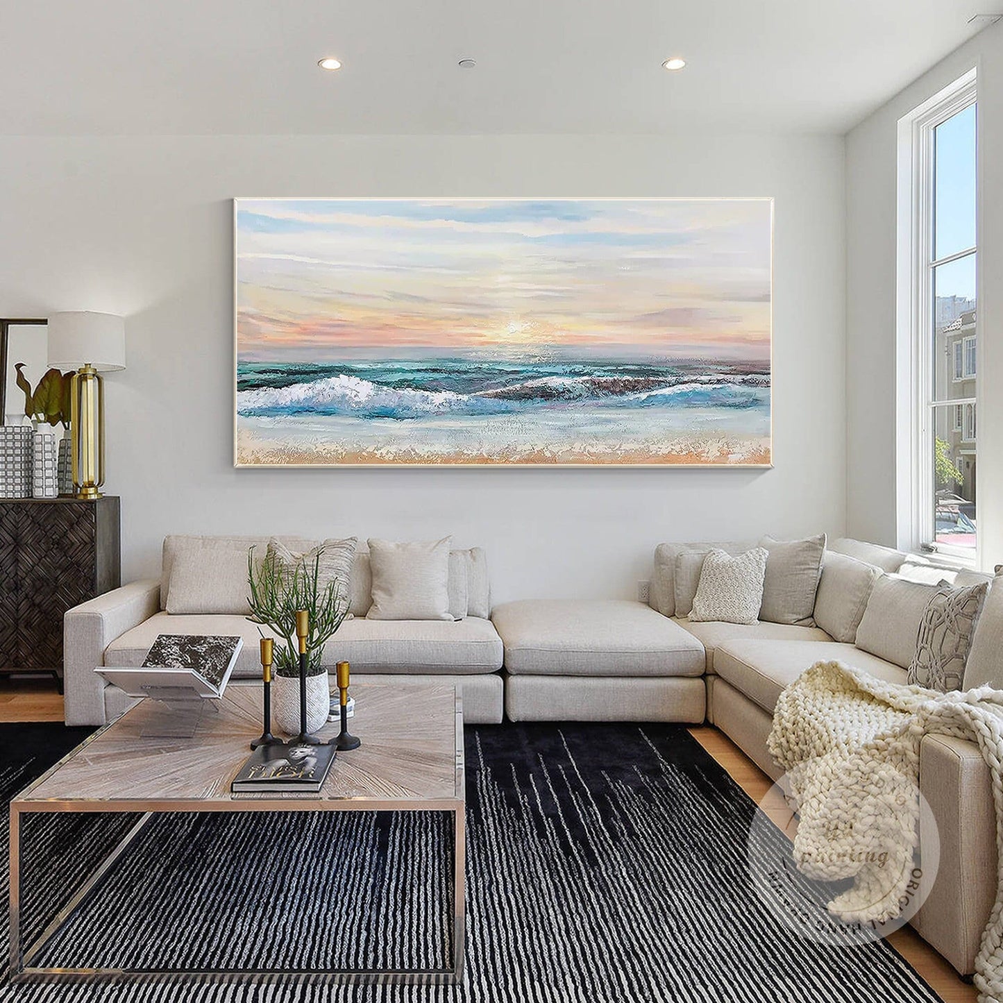 Green Blue Ocean Landscape Original Painting Canvas, Seascape Painting Horizonta #1