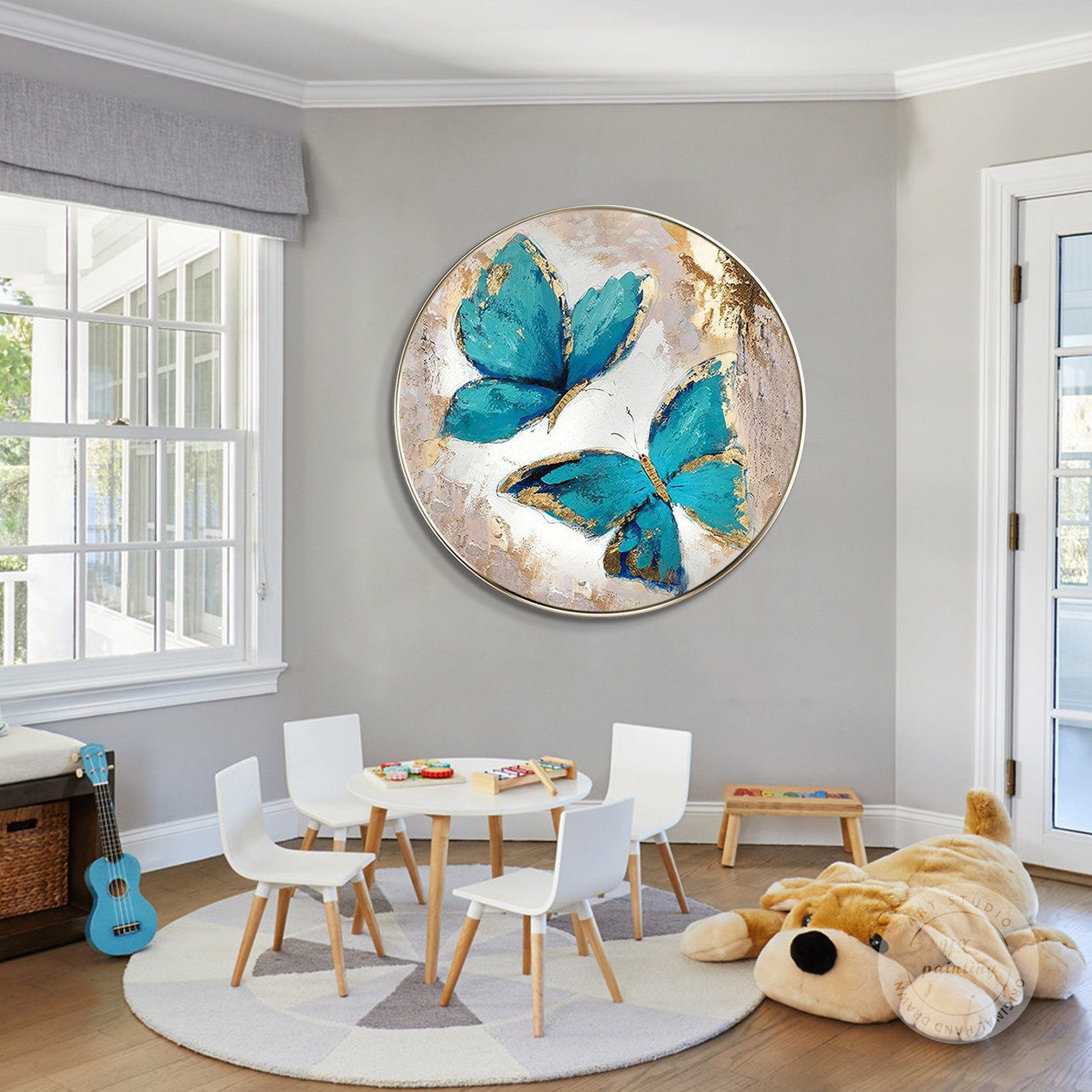 Green Butterfly Original Painting on Canvas, Bedroom Luxury Round Framed Wall Ar #2