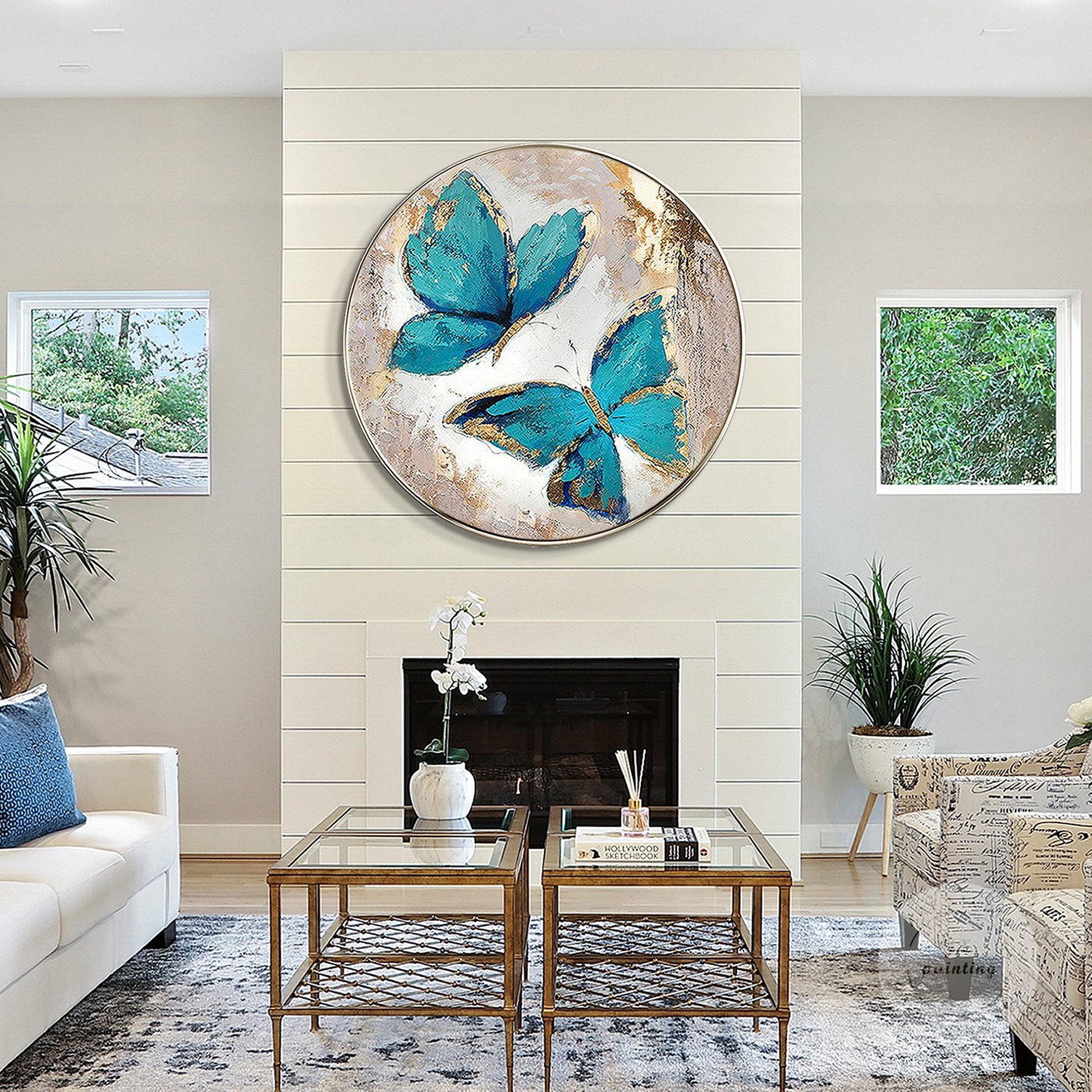 Green Butterfly Original Painting on Canvas, Bedroom Luxury Round Framed Wall Ar #3