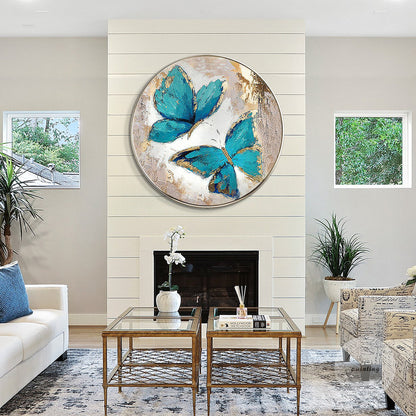 Green Butterfly Original Painting on Canvas, Bedroom Luxury Round Framed Wall Ar #3