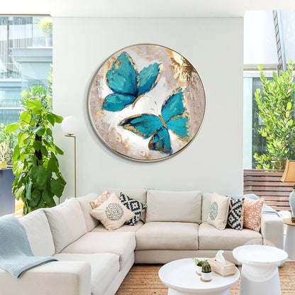 Green Butterfly Original Painting on Canvas, Bedroom Luxury Round Framed Wall Ar #4