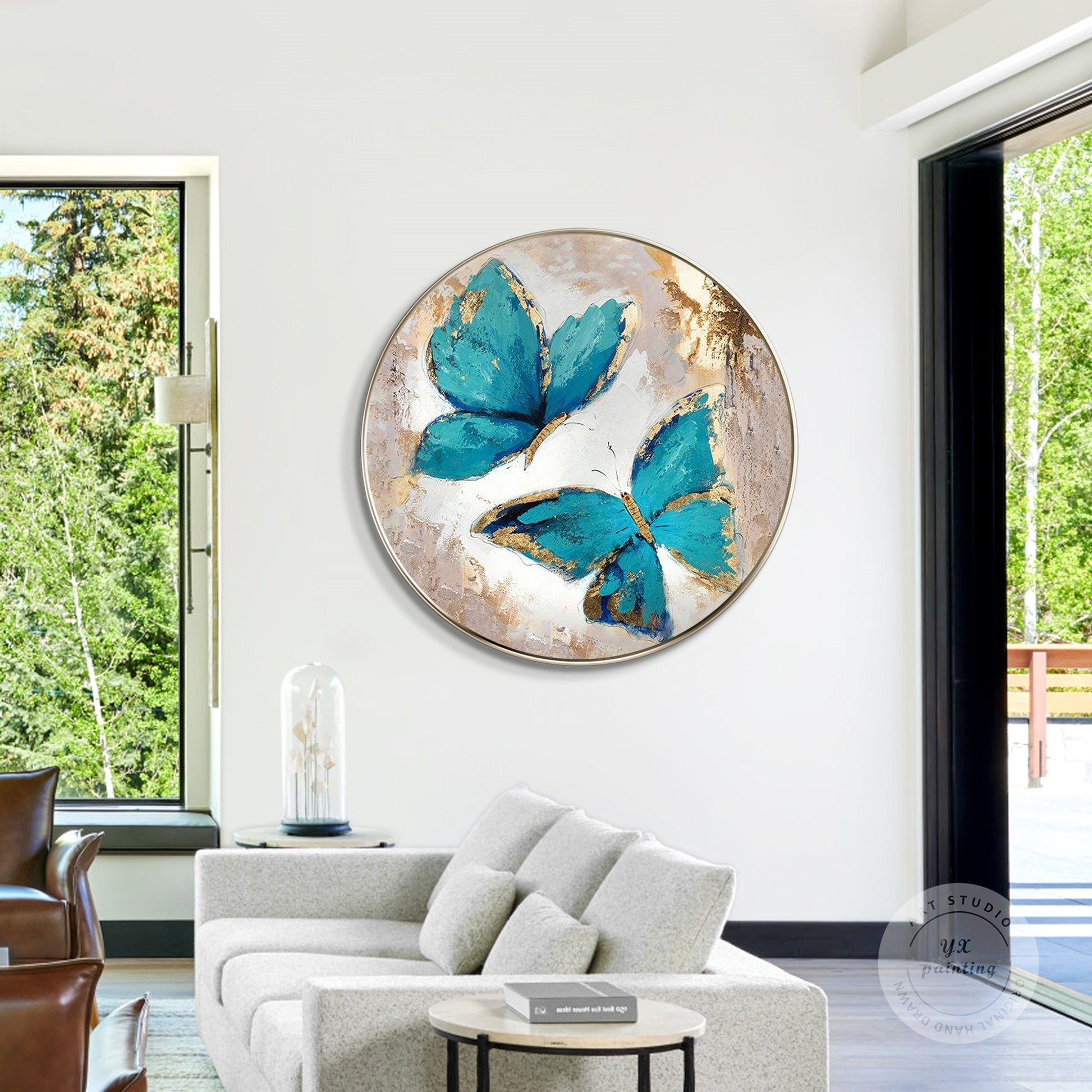 Green Butterfly Original Painting on Canvas, Bedroom Luxury Round Framed Wall Ar #5