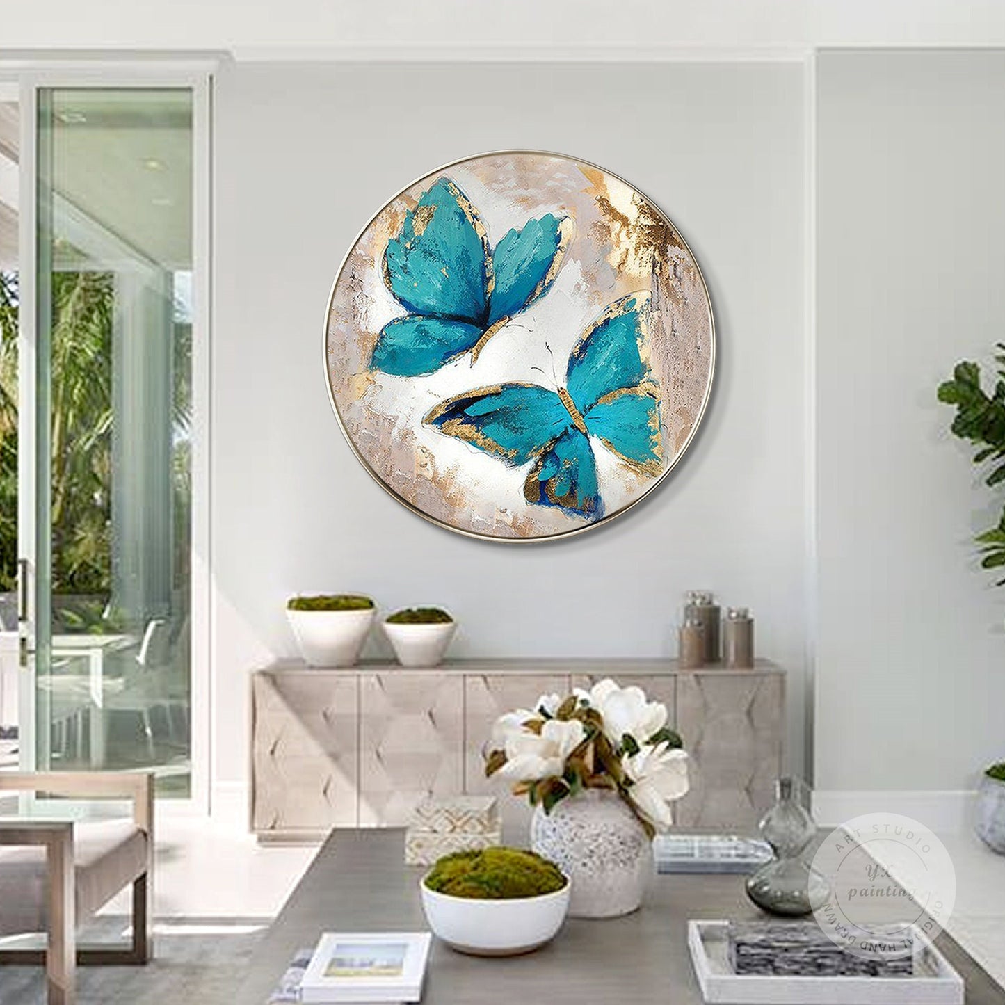Green Butterfly Original Painting on Canvas, Bedroom Luxury Round Framed Wall Ar #1