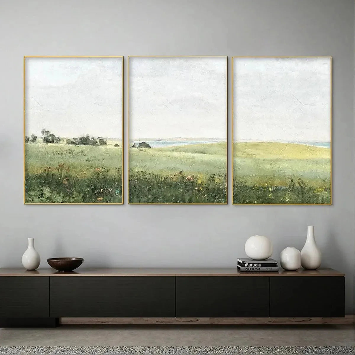 GREEN FIELD TRIPTYCH: Minimalist Landscape Painting Set of 3 | Landscape closeup, raised brushwork detail