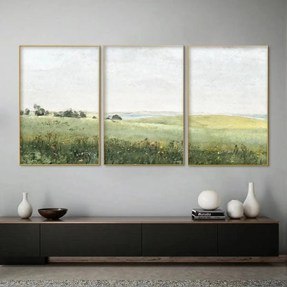 GREEN FIELD TRIPTYCH: Minimalist Landscape Painting Set of 3 | Landscape closeup, raised brushwork detail