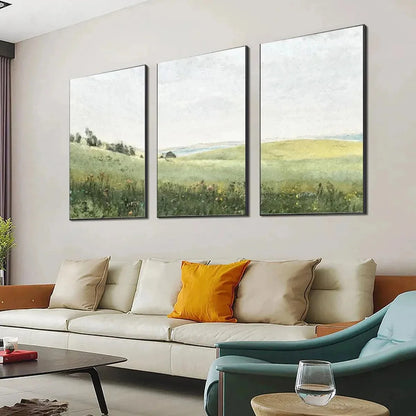 GREEN FIELD TRIPTYCH: Minimalist Landscape Painting Set of 3 | gold frame stretched on neutral wall