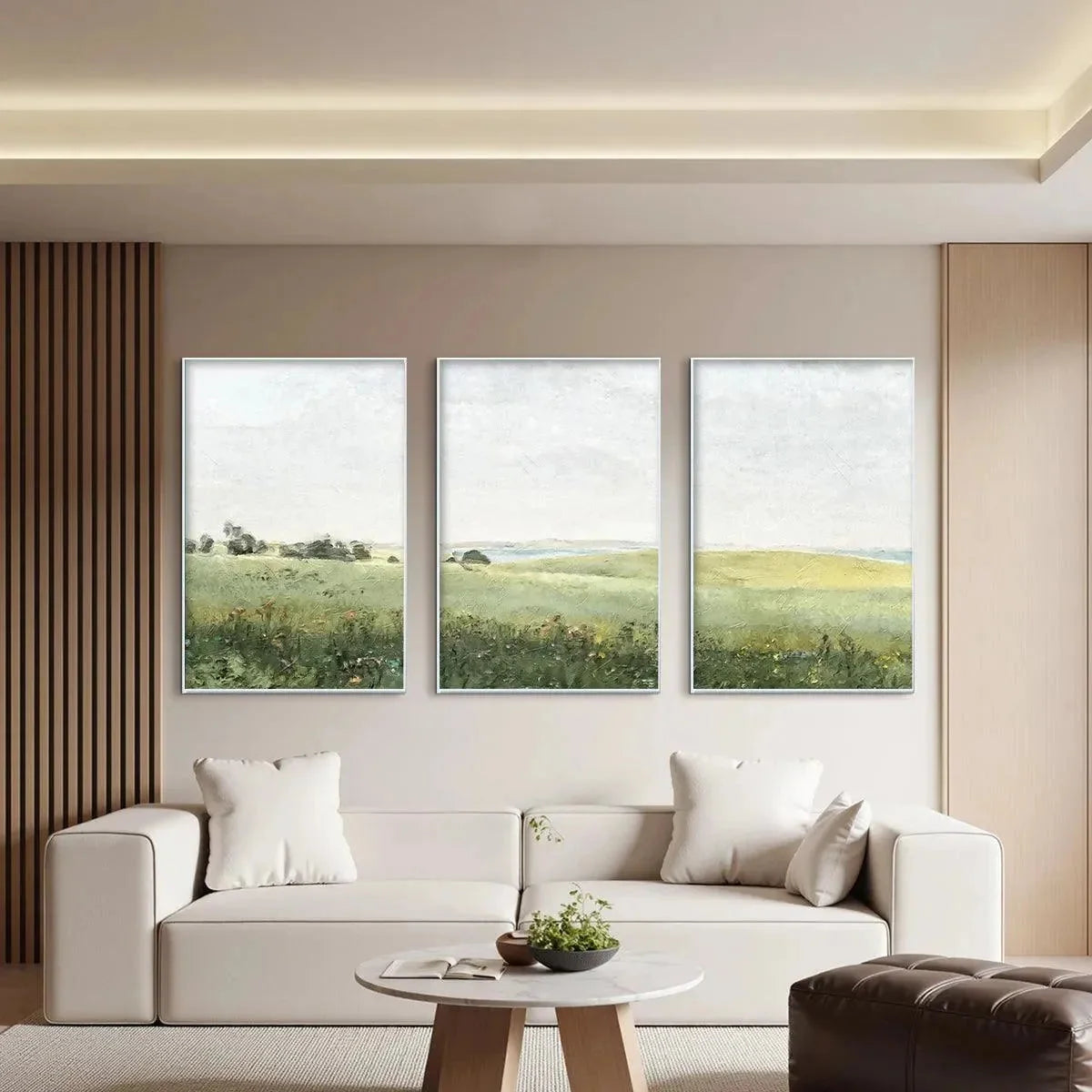 GREEN FIELD TRIPTYCH: Minimalist Landscape Painting Set of 3 | black frame version on white wall