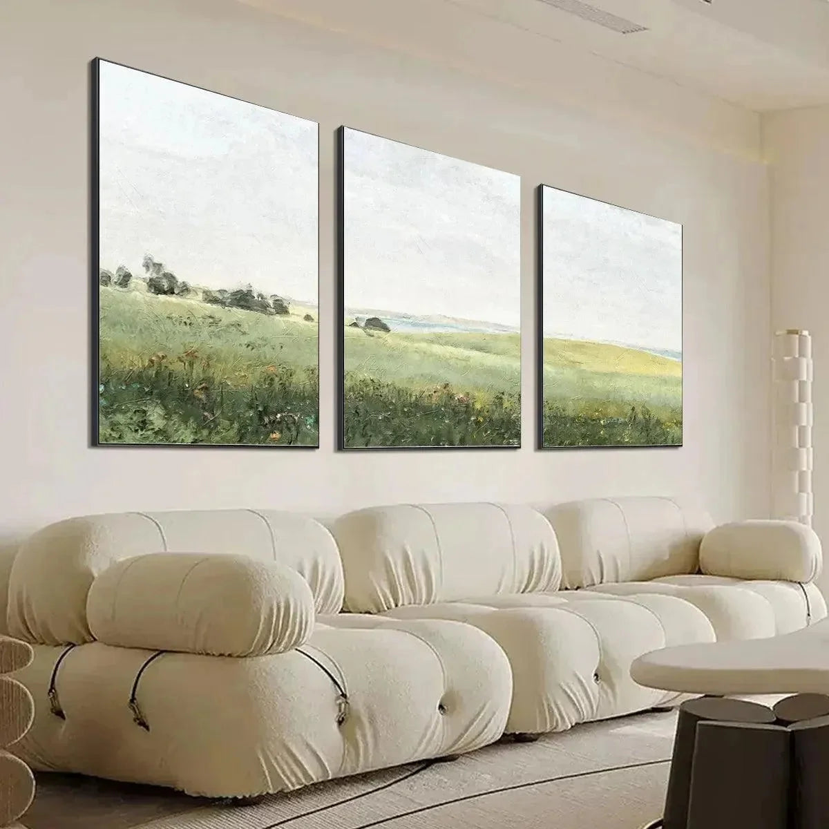 GREEN FIELD TRIPTYCH: Minimalist Landscape Painting Set of 3 | Landscape mood, soft natural light studio shot