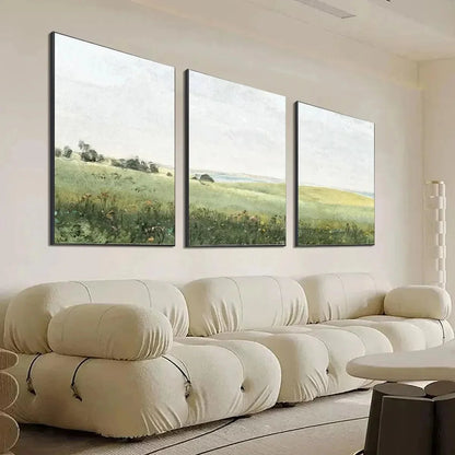 GREEN FIELD TRIPTYCH: Minimalist Landscape Painting Set of 3 | Landscape mood, soft natural light studio shot