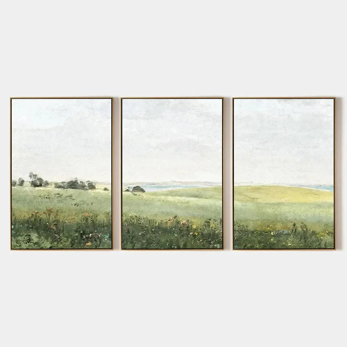 GREEN FIELD TRIPTYCH: Minimalist Landscape Painting Set of 3 | hanging in living room, Landscape wall art