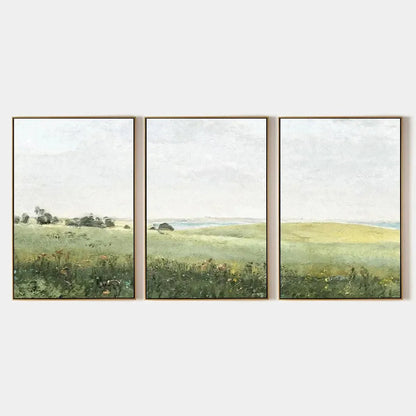 GREEN FIELD TRIPTYCH: Minimalist Landscape Painting Set of 3 | hanging in living room, Landscape wall art