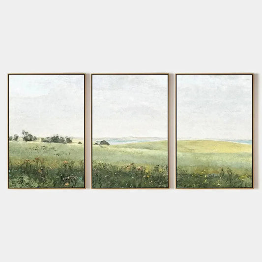 GREEN FIELD TRIPTYCH: Minimalist Landscape Painting Set of 3 | hanging in living room, Landscape wall art