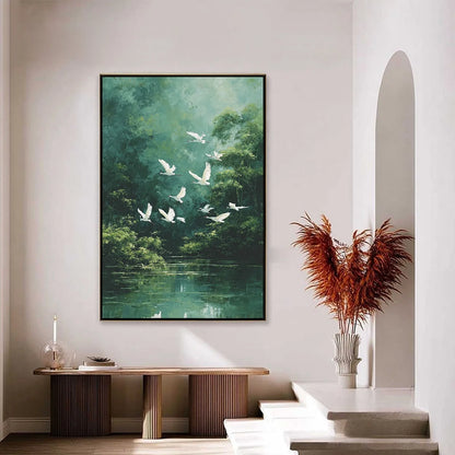 GREEN HAVEN: Serene Forest Landscape with Flying Egrets Painting | Landscape closeup, raised brushwork detail
