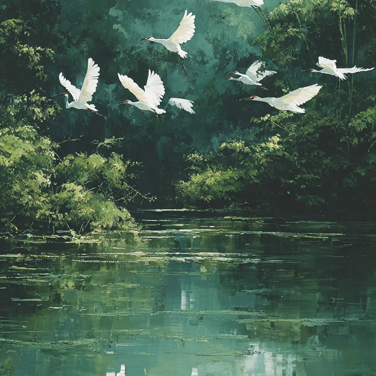 GREEN HAVEN: Serene Forest Landscape with Flying Egrets Painting | rectangular format, hand-painted canvas edge